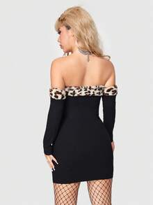 ROMWE J-Fashion 豹紋印花日系甜美性感派對新年露肩連衣裙,適合渋谷區少女 - 黑色 - 查看 6