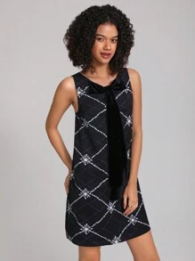 MINA Designer Graphic Print Tie Front Dress - Black - View 5