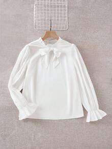 SHEIN Clasi Plus Frill Trim Bow Front Flounce Sleeve Blouse - White - View 5