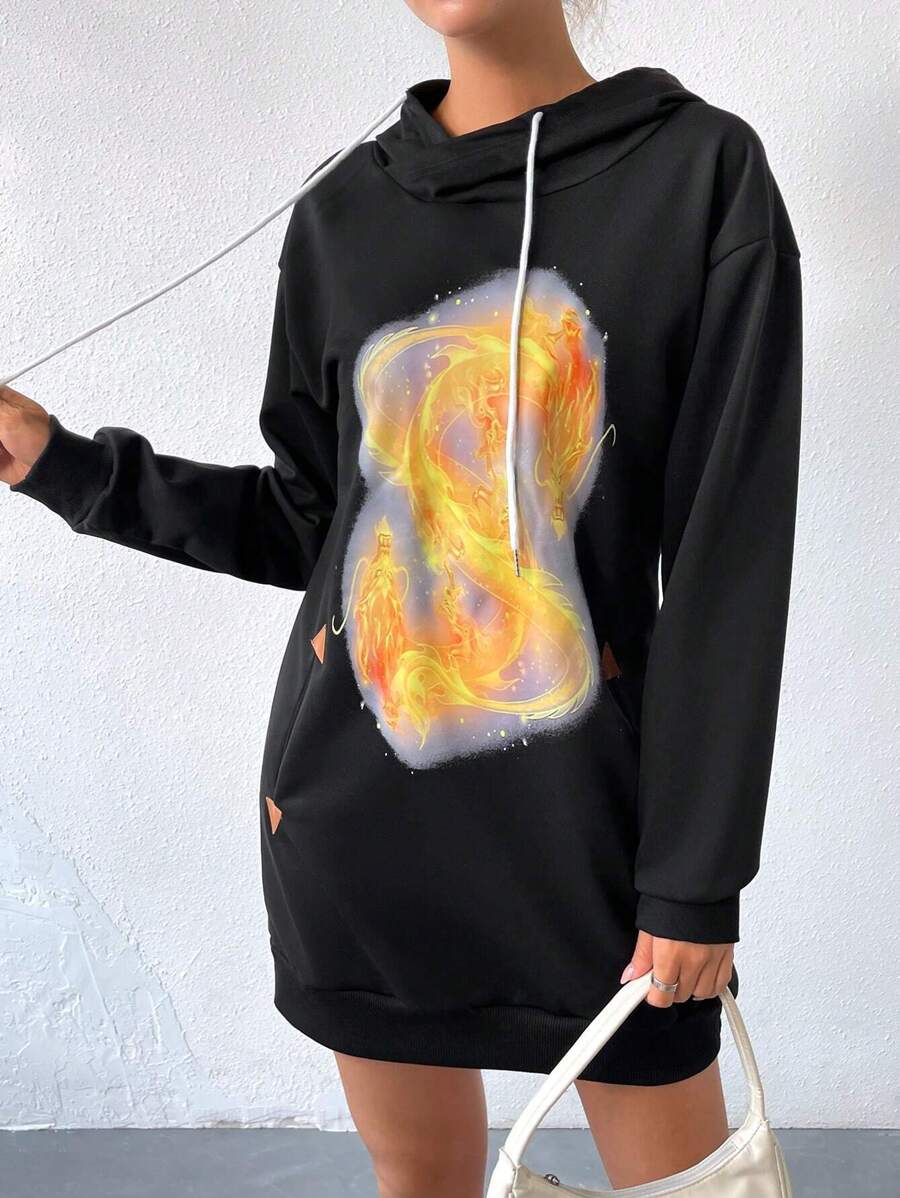 SHEIN Unity Dragon Print Drop Shoulder Drawstring Hooded Sweatshirt Dress Pullover Fall Outfit - Black - View 1