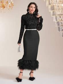 Modelyn Mock Neck Floral Jacquard Blouse - Black - View 3