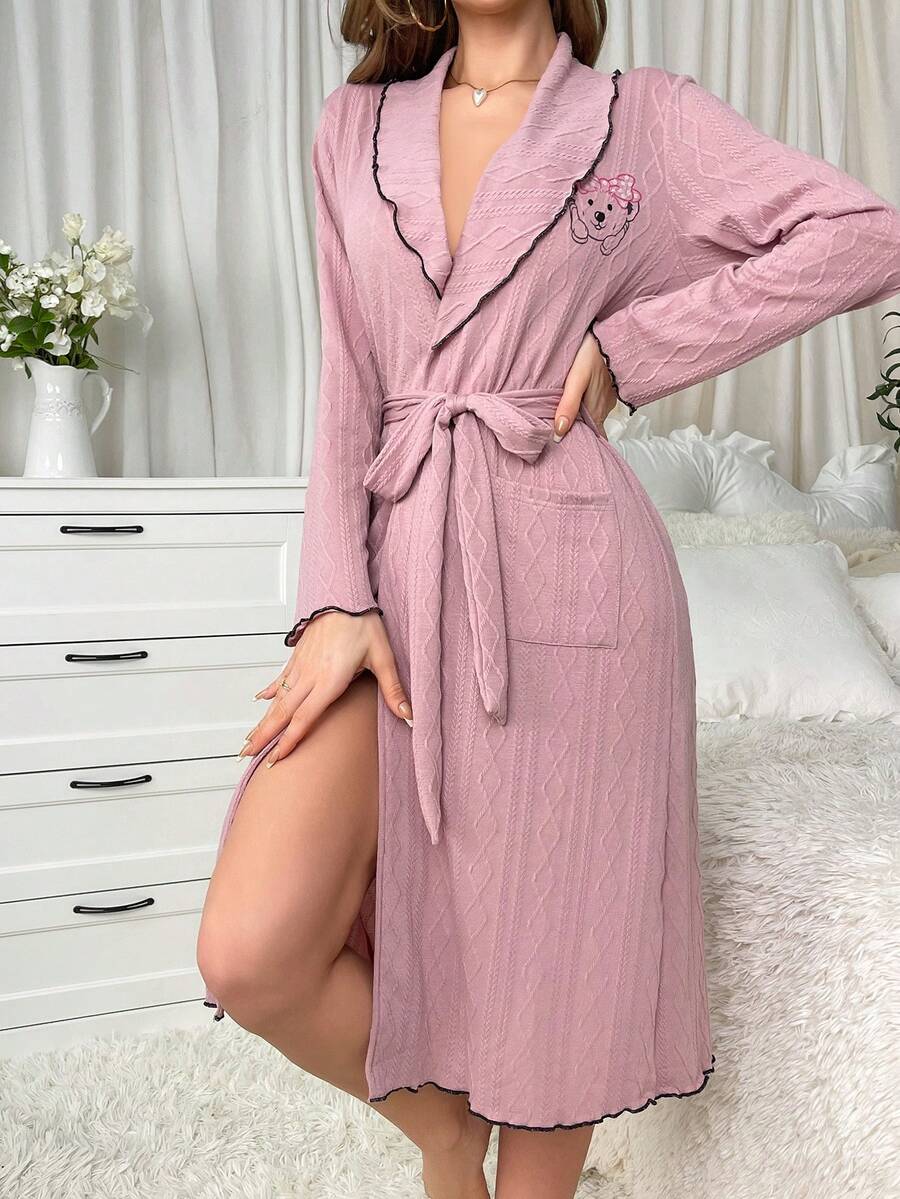 Cartoon Graphic Contrast Binding Belted Robe - Dusty Pink - View 1