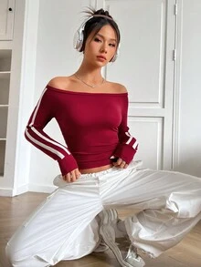 SHEIN EZwear Off Shoulder Tương phản Đường may bên Áo phông Crop - Đỏ - Xem 6