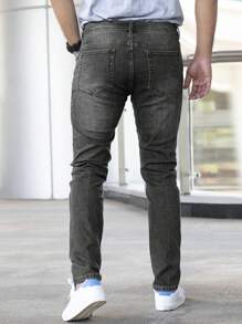 Men's Solid Color Casual Elastic Denim Jeans With Zipper Pockets - Dark Grey - View 4