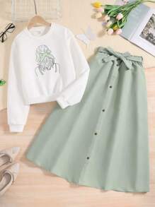 Teen Girl Figure Graphic Pullover & Belted Skirt