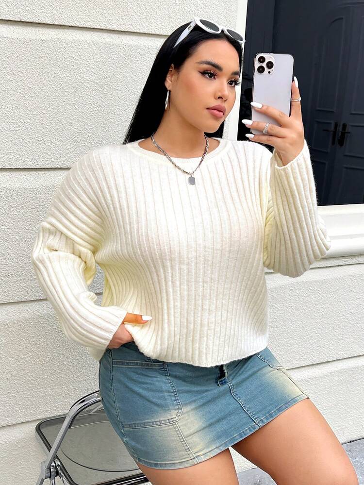Plus Drop Shoulder Ribbed Knit Sweater