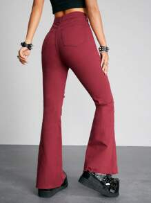 ROMWE PUNK Rách Quần ống loe - Màu Đỏ Sâu - Xem 3