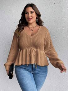 SHEIN Clasi Talla grande Jersey ribete en abanico de manga farol con cordón delantero peplum - Caqui - Ver 7