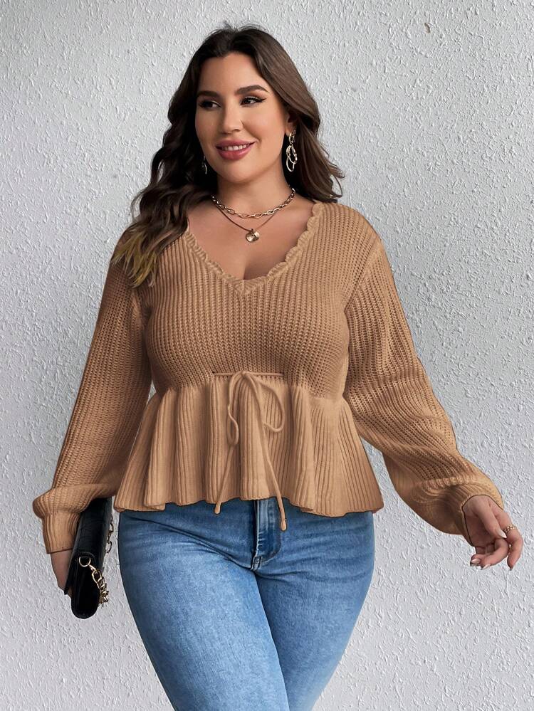 Plus Scallop Trim Lantern Sleeve Tie Front Peplum Sweater