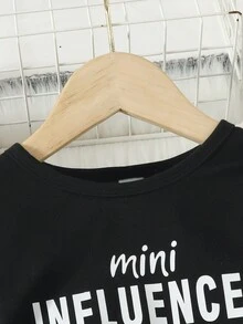 SHEIN Cô Gái Trẻ Đồ họa Chữ cái Áo thun & Túi có nắp Quần - Màu Khaki - Xem 6