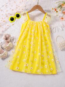 SHEIN Vestido Amarelo Vintage Com Estampa De Girassol E Margarida Para Meninas Com Decote Quadrado Para Um Visual De Verão Brilhante E Fresco