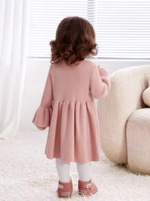 SHEIN Baby Girl Flare Sleeve High Neck Sweater Dress - Pink - View 2