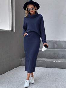 SHEIN LUNE 高領落肩T恤&斜口袋半身裙 - 藏蓝色 - 查看 3