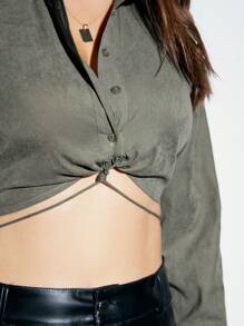 Zolique Solid Button Font Micro Crop Blouse Fall Cloth For Women - Grey - View 6
