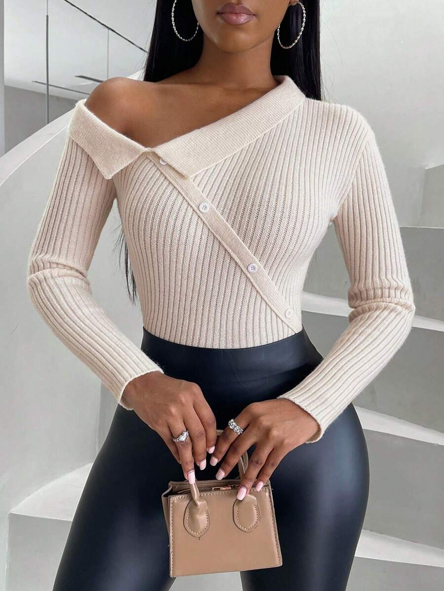 Zolique Asymmetrical Neck Button Detail Ribbed Knit Sweater Knit Pullover Fall Winter Outfit