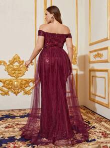 大尺碼露肩對比亮片晚禮服連網紗裙 - 酒紅色 - 查看 2