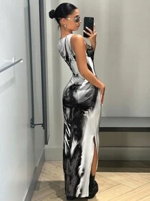 SHEIN ICON Graphic Print Split Thigh Tank Long Dress