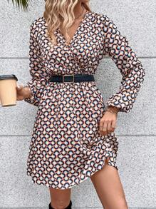 SHEIN Frenchy Rochie cu mânecă lanternă cu imprimeu peste tot - Multicolor - Vizualizare 4