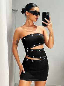 SHEIN ICON Button Detail Cut Out Tube Bodycon Dress - Black - View 7