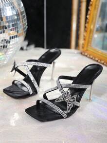 時尚裝飾蝴蝶水鑽高跟鞋,細高跟和方頭設計的女式涼鞋 - 黑色 - 查看 4