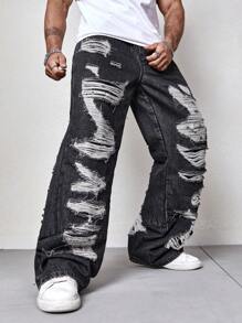 Manfinity LEGND 男士破洞寬腿牛仔褲 - 淺藍色 - 查看 1