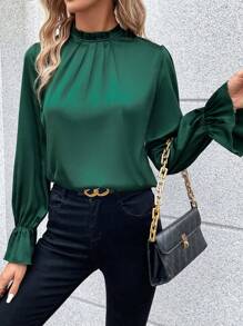 SHEIN Privé Frill Neck Flounce Sleeve Blouse - Green - View 3