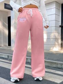 SHEIN Unity Women's Letter Pattern Drawstring Waist Casual Thermal Lined Sweatpants - Pink - View 1