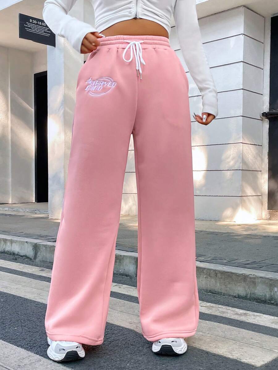 SHEIN Unity Women's Letter Pattern Drawstring Waist Casual Thermal Lined Sweatpants - Pink - View 1