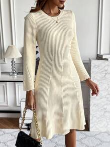 SHEIN Clasi Vestido de punto unicolor de manga amplia tejido de canalé sin cinturón - Albaricoque - Ver 3