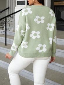 Celure Plus Floral Pattern Drop Shoulder Sweater - Green - View 2