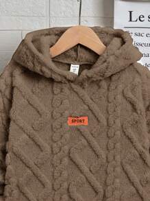 SHEIN Tween Boy Letter Patched Detail Drop Shoulder Hooded Sweatshirt,In Fall/Winter - Brown - View 4