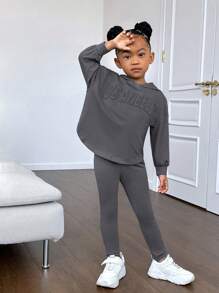 SHEIN Kleines Mädchen Leggings & Hoodie Drop Shoulder Buchstabe Prägung