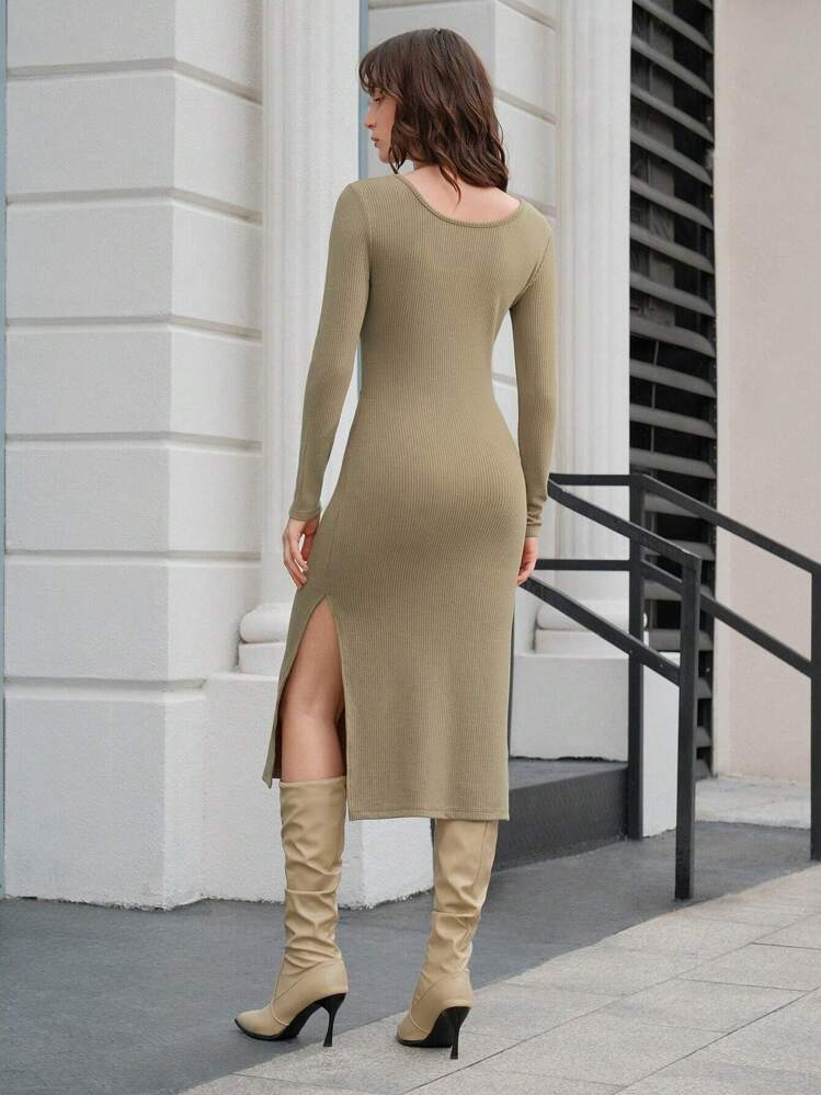 Anewsta Square Neck Split Thigh Ribbed Knit Dress Fall Cloth For Women - Khaki - View 2
