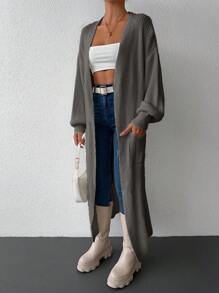 EURMUSE Dual Pocket Drop Shoulder Open Front Cardigan - Grey - View 2