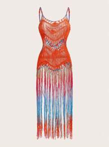 SHEIN Swim Vestido cover up de color combinado bajo con fleco de croché - Naranja - Ver 3