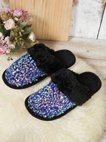 Pantuflas informales con purpurina para mujer, suela plana antideslizante y forro de felpa peluda, para interior y exterior - Negro - Ver 3
