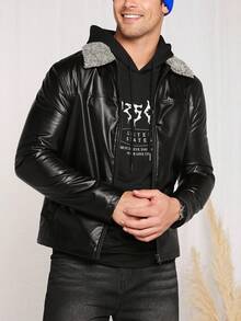 GENTILAND Men Letter Graphic Kangaroo Pocket Drawstring Hoodie - Black - View 3