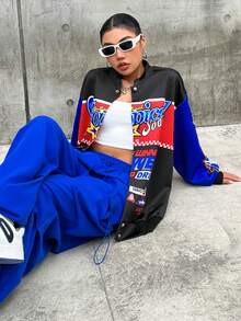 SHEIN Coolane 機車文化字母圖形彩塊下擺襯墊飛行外套 - 彩色 - 查看 4