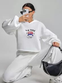 EURMUSE Letter Graphic Drop Shoulder Hoodie & Sweatpants - White - View 3