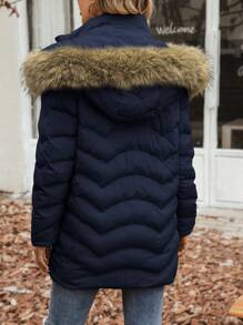 EMERY ROSE 毛绒装饰连帽拉链加厚棉服外套冬季 - 藏蓝色 - 查看 2