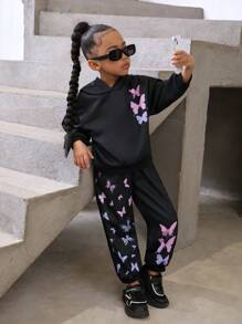 SHEIN 女小童蝴蝶圖案連帽衫和運動褲 - 黑色 - 查看 6