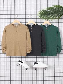 SHEIN 3pcs Loose Fit Casual Knitted Long Sleeve T-Shirt, Round Neck, For Tween Boys, School, Campus, College