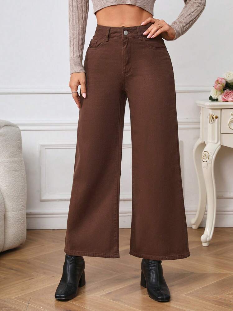 SHEIN Frenchy Jeans de talle alto de pierna ancha - Café integral - Añade 5
