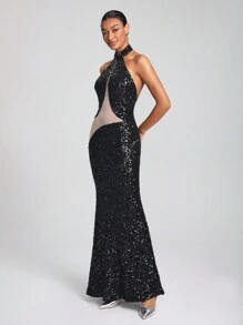 FURNANDA 设计师对比色网眼闪亮亮片吊带连衣裙，夏季优雅连衣裙，适合节日、派对、生日服装、节日、婚礼、舞会礼服 - 黑色 - 查看 3