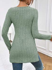 SHEIN Essnce Viền chia cắt Đồ đan Ribbed Áo thun - Màu xanh Bạc hà - Xem 2