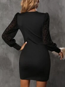 Chiquease 網紗燈籠袖側收褶鬱金香下擺緊身洋裝 - 黑色 - 查看 2