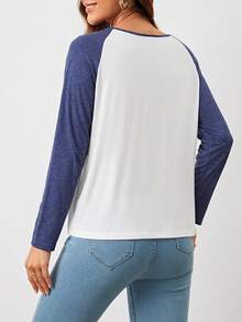 SHEIN LUNE Ren tương phản Tay Raglan Áo thun - Màu xanh hải quân - Xem 2