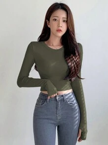 DAZY Camiseta corta de unicolor para mujer, ropa de otoño con manga larga para mujer