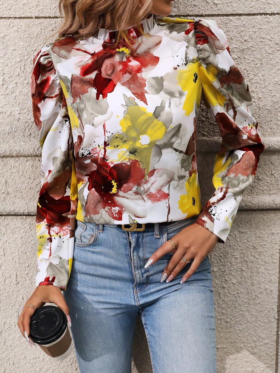 SHEIN Clasi 花卉印花立領泡泡袖襯衫 - 彩色 - 查看 1