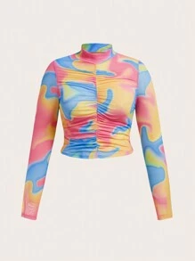 SHEIN ICON 大碼滿版印花小高領前收褶T恤 - 彩色 - 查看 1